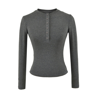 领口排扣半开襟V领长袖正肩T恤女秋冬磨毛抓绒保暖打底衫内搭上衣