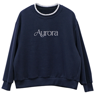 一三良品小个子 加绒加厚圆领套头字母蕾丝花边拼接卫衣女冬短款