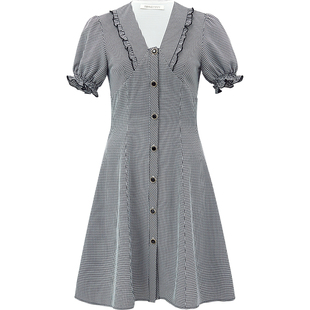 衣纱布菲幽鹭赫本风格子连衣裙新款女夏v领泡泡袖a字复古裙子