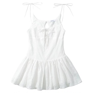 白色法式少女吊带裙【初恋小白裙】绑带连衣裙蓬蓬短裙子棉质清纯