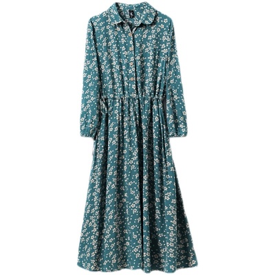 2024春夏新款复古文艺丝棉碎花连衣裙女宽松显瘦百褶抽带长袖长裙