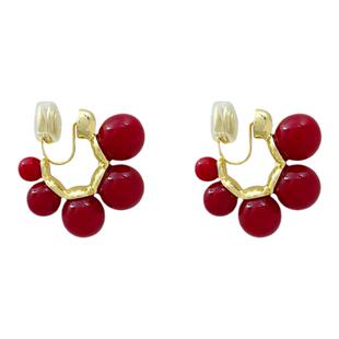 红色转运珠玄学耳饰轻奢气质设计感圆弧C圈珍珠耳环新年大气耳夹