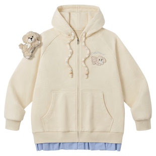 PSO Brand女装【假两件可拆卸玩偶】抓绒连帽卫衣女款拉链外套秋