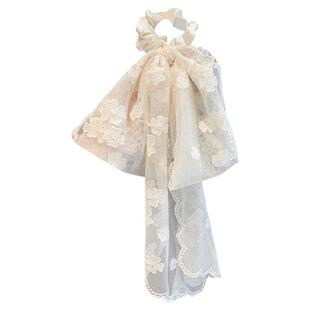 法式超仙立体蕾丝刺绣蝴蝶结发绳温柔感气质长飘带发圈扎发头绳女