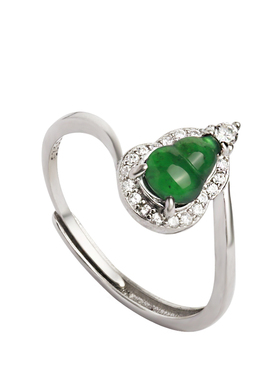 小银匠天然翡翠纯银镶钻葫芦戒指