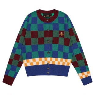 VIVIPUOOWD西太后同款撞色棋格土星刺绣圆领针织开衫百搭复古毛衣