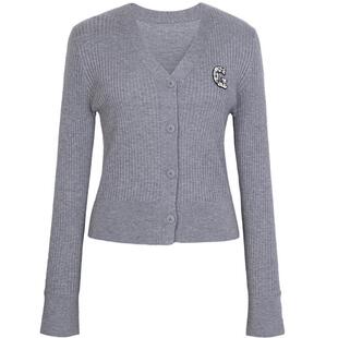 XG雪歌灰色绣花长袖毛针织衫雪歌2025春季新款通勤无领开衫外套女