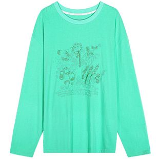 落落狷介 t恤女2025新款绿色长袖上衣小个子宽松刺绣设计感可外穿