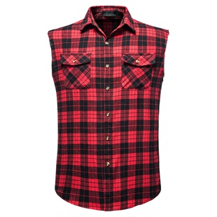 Checker printed buttoned sleeveless shirt格子系扣无袖衬衫男