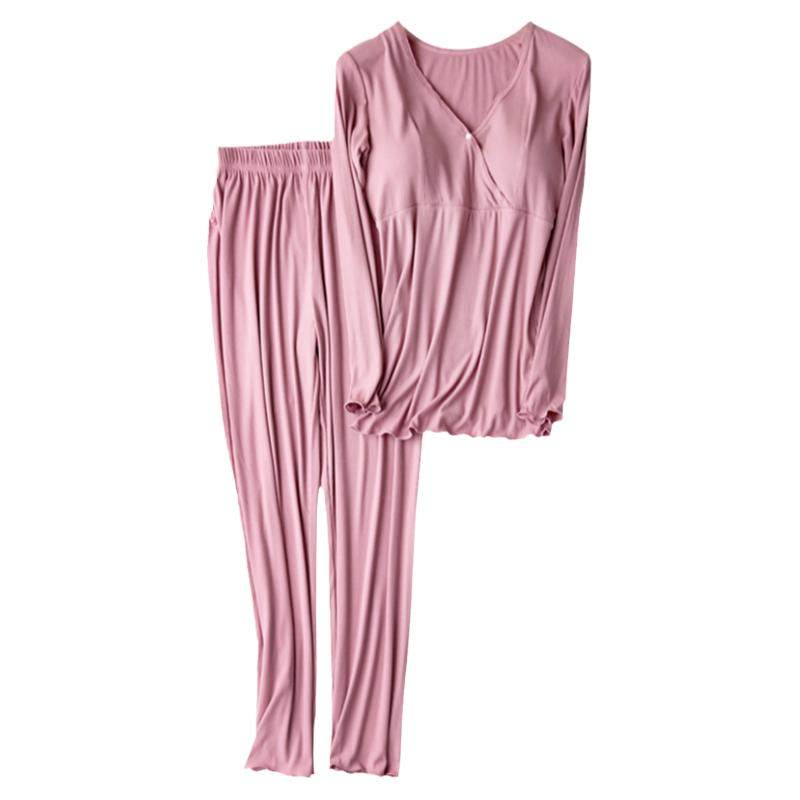 莫代尔孕妇产后睡衣坐月子服带胸垫哺乳长袖喂奶衣家居服套装夏薄