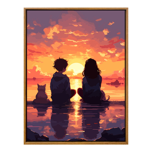 浪漫日出日落情侣数字油画diy手绘填充丙烯画解闷手工填色油彩画