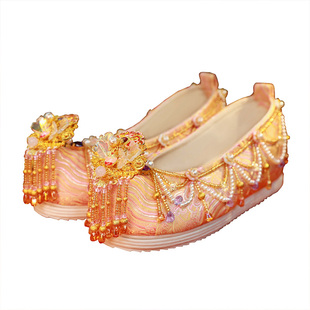 缘定三生 中式粉金色汉服鞋手工珍珠织锦鞋秀禾鞋内增高翘头鞋