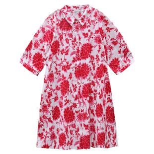 【高支长绒棉】阁兰秀2025年夏季新品粉白色植物印花中长款衬衫女