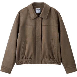 乐町韩系简约翻领外套秋季新款美拉德夹克重工复古宽松仿皮衣外套