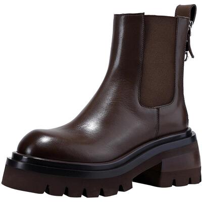 bellalily英伦粗跟牛皮切尔西靴