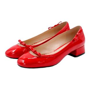 ElegiFemme原创Bella真皮圆头蝴蝶结单鞋红色漆皮芭蕾舞鞋中跟鞋