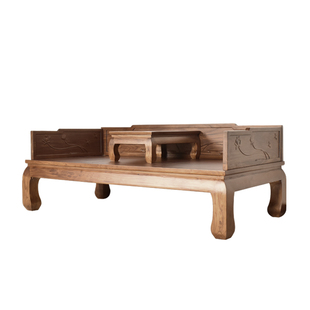 徽州木府老榆木罗汉床实木沙发客厅家具新中式原木雕花单人床包邮