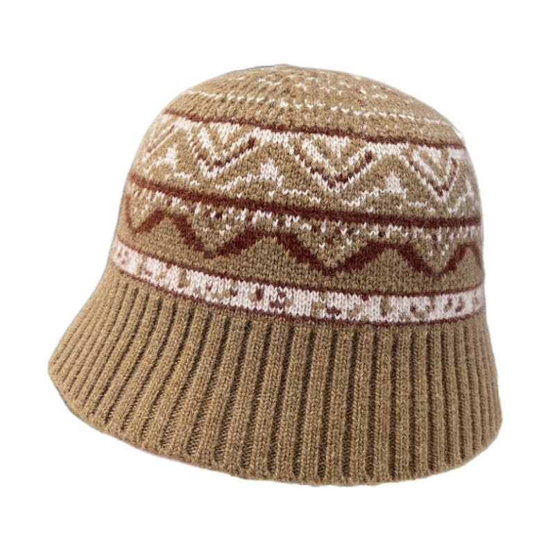 费尔岛提花针织帽子女秋冬季新款百搭显脸小渔夫帽保暖护耳毛线帽