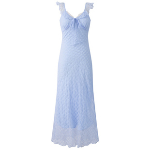 【包邮】法式复古蓝色V领花边饰吊带连衣裙女小个子收腰显瘦长裙