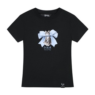 【DNA官方】小猫烫画刺绣修身短款正肩短袖女2025年夏季新款T恤