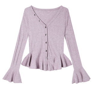 白鹿语V领收腰荷叶边开衫25秋季新款气质时尚微弹正喇叭袖女式T恤