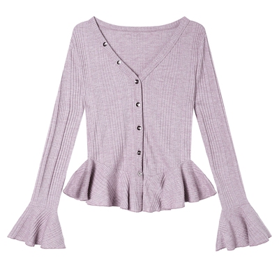 白鹿语V领收腰荷叶边开衫春秋季新款气质时尚微弹正喇叭袖女式T恤