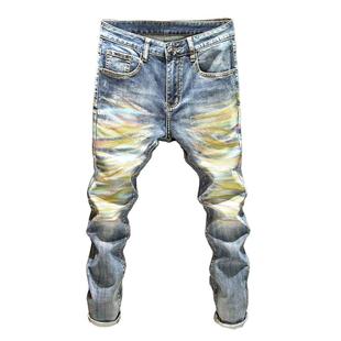 手工炫彩印染牛仔裤男士时尚韩版修身裤子高级潮牌街头痞帅小脚裤