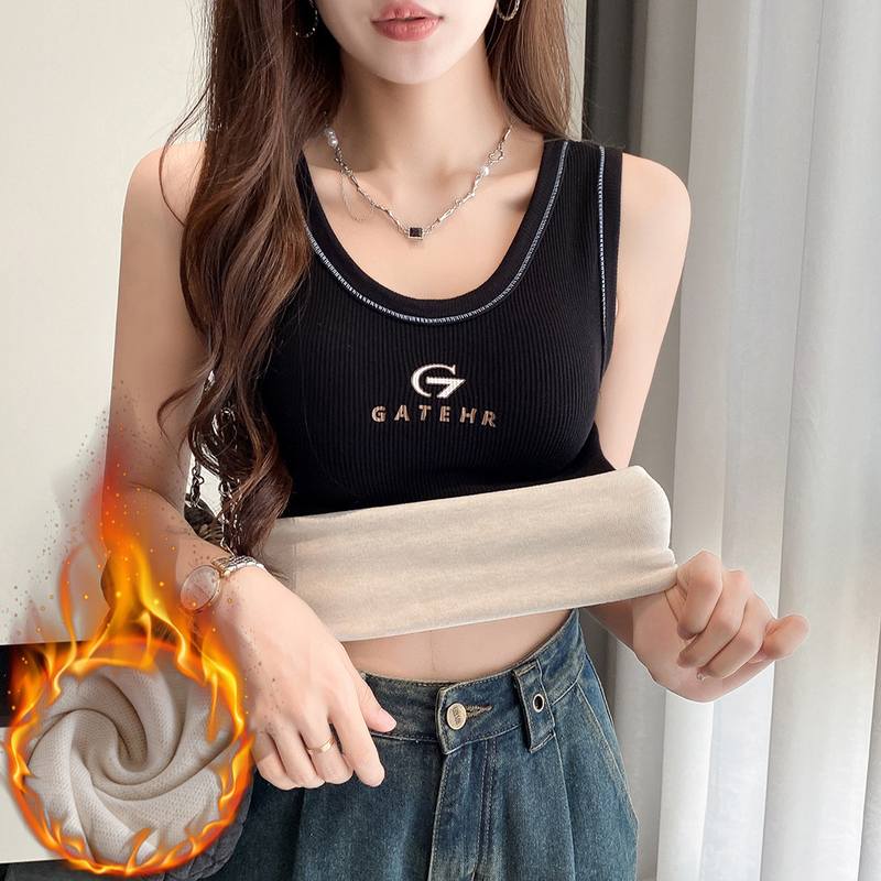加绒带胸垫吊带保暖背心女新加厚冬季修身百搭无袖弹力上衣打底衫