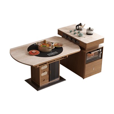 2026年洞石岩板餐桌椅多功能家用可折叠内嵌电磁炉暖菜板加岛台