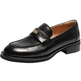 千百度轻便复古正装乐福鞋女款秋季新款中跟通勤黑色小皮鞋