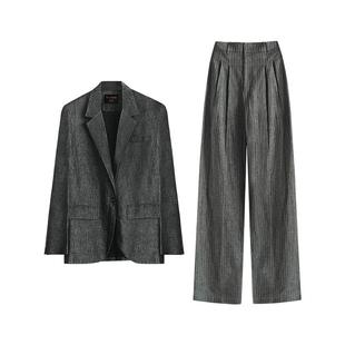 COCOBELLA老钱风西装套装女100%亚麻西装棉麻阔腿裤子两件套FT123