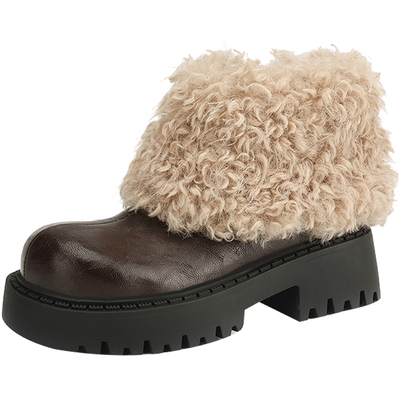 原野Yuanye●霜天晓角！复古羊毛加绒马丁靴女冬圆头厚底毛毛短靴