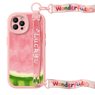 夏日西瓜适用苹果16Promax手机壳14pro新款女iPhone13全包8p防摔iPhone15腕带挂绳7plus支架17斜挎挂脖xr背带