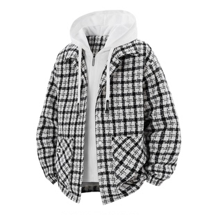 拉夏贝尔假两件千鸟格夹克春季2026新款男连帽卫衣拼接外套设计感