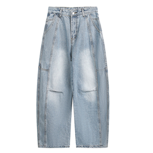TIRED美式复古打褶水洗牛仔裤男女解构阔腿弯刀裤宽松直筒休闲裤