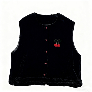 2025冬新款cicicoco猫头鹰韩版时尚圆领金丝绒小樱桃羽绒马甲欧货