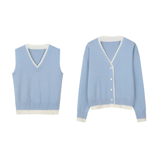 BLUEerror 花边假两件V领灰色开衫套装女宽松短款针织衫外套早秋