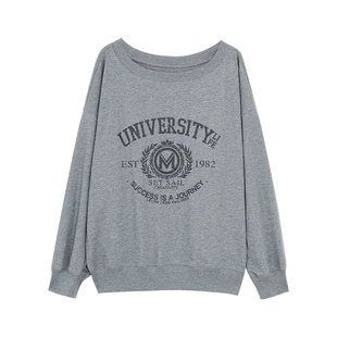 pusumede 纽约街头 美式斜肩卫衣外套女宽松字母印花露肩针织上衣