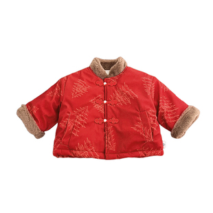 男童冬款新中式棉服套装男宝宝新年红色加绒加厚外套婴儿保暖裤子