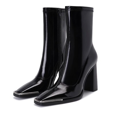 瘦瘦靴粗跟方头短靴2024秋冬新款