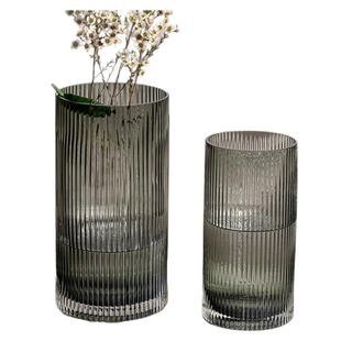 北欧简约直筒条纹玻璃百合花瓶现代家居客厅插花瓶花器样板间装饰