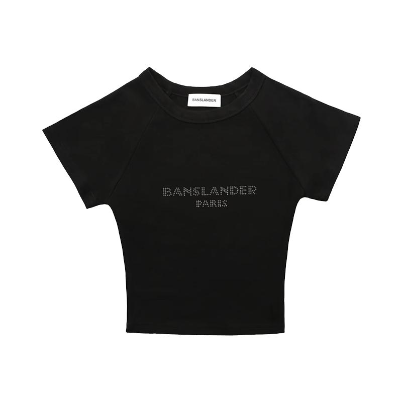 BANSLANDER烫钻logo插肩袖T恤百搭女上衣圆领短袖修身显瘦字母