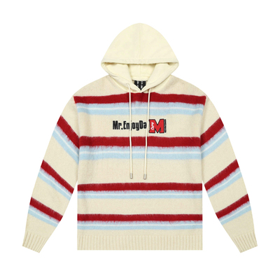 条纹连帽领刺绣毛衣男女同款