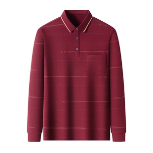 新款爸爸春装条纹上衣中年男士长袖t恤中老年爷爷婚宴装红色衣服