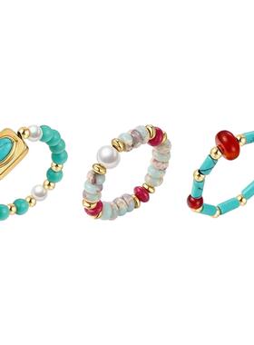 绿松石串珠戒指天然石百搭多巴胺春夏食指环戒指法式小众设计手饰