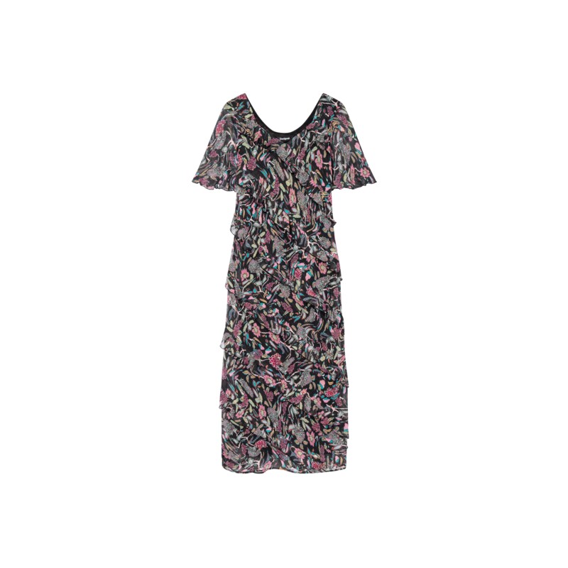Desigual 印花荷叶边V领短袖连衣裙夏季长裙女显瘦