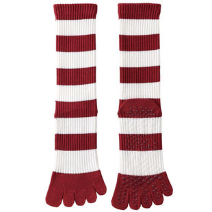 红色五指瑜伽袜子女专业防滑普拉提中筒袜室内健身条纹分趾运动袜