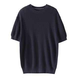LUUD 双层罗纹卷边圆领针织T恤衫男透气莱赛尔亚麻混纺短袖打底衫