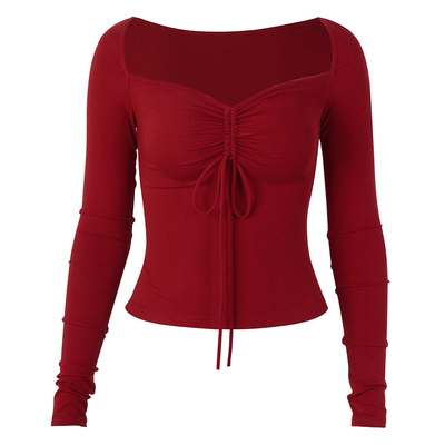 PynkiSwear V领系带褶皱长袖T恤女修身显瘦短款上衣  系带可调节