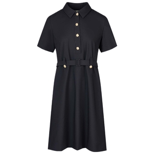 宝姿PORTSPURE女装舒适智性优雅金属纽扣翻领收腰连衣裙
